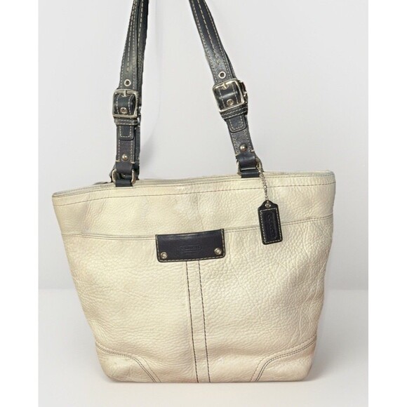 Vintage COACH Hamilton Pebbled Leather Shoulder Bag Tote Bag Cream F13089 - Picture 1 of 10